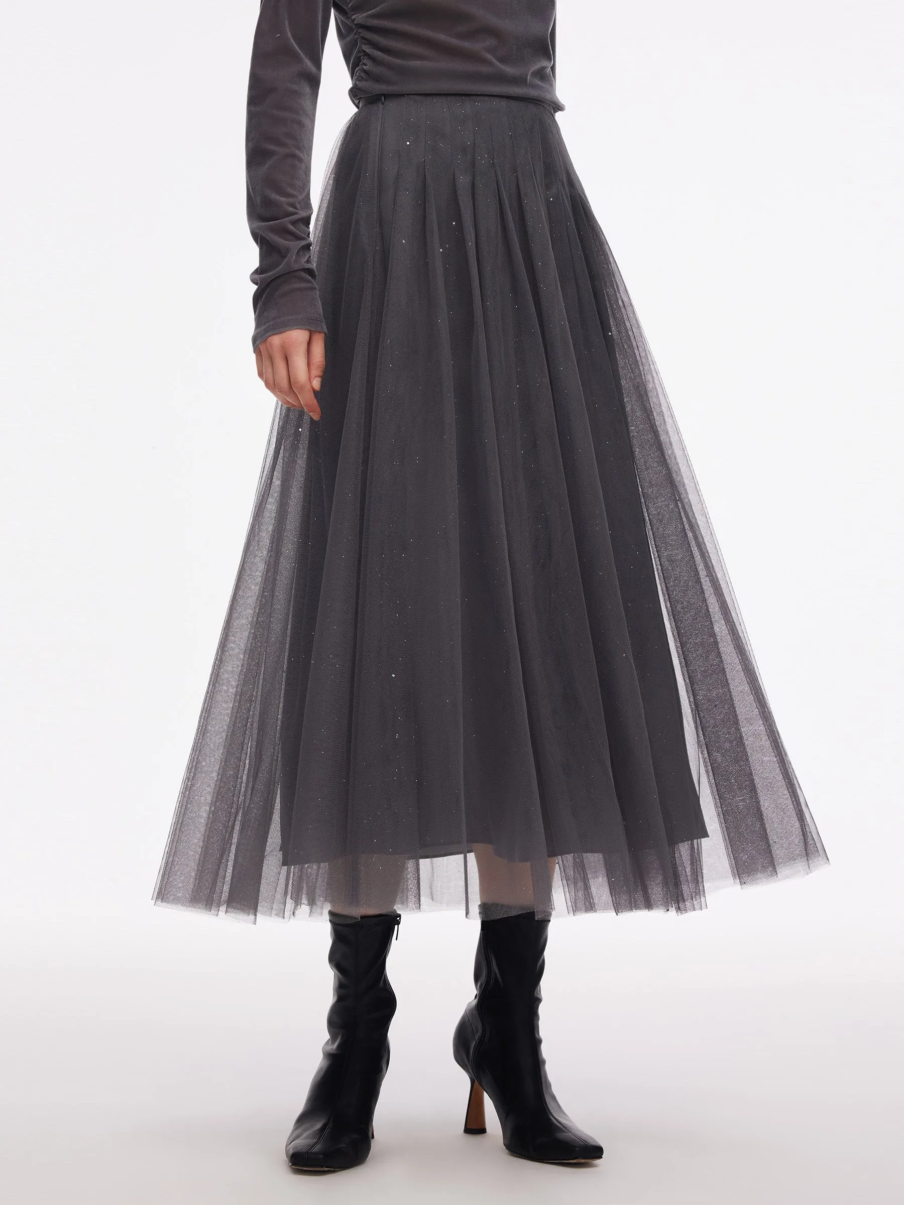 Mesh Elastic Waist Sequins Pleated Women Skirt sold by Goelia