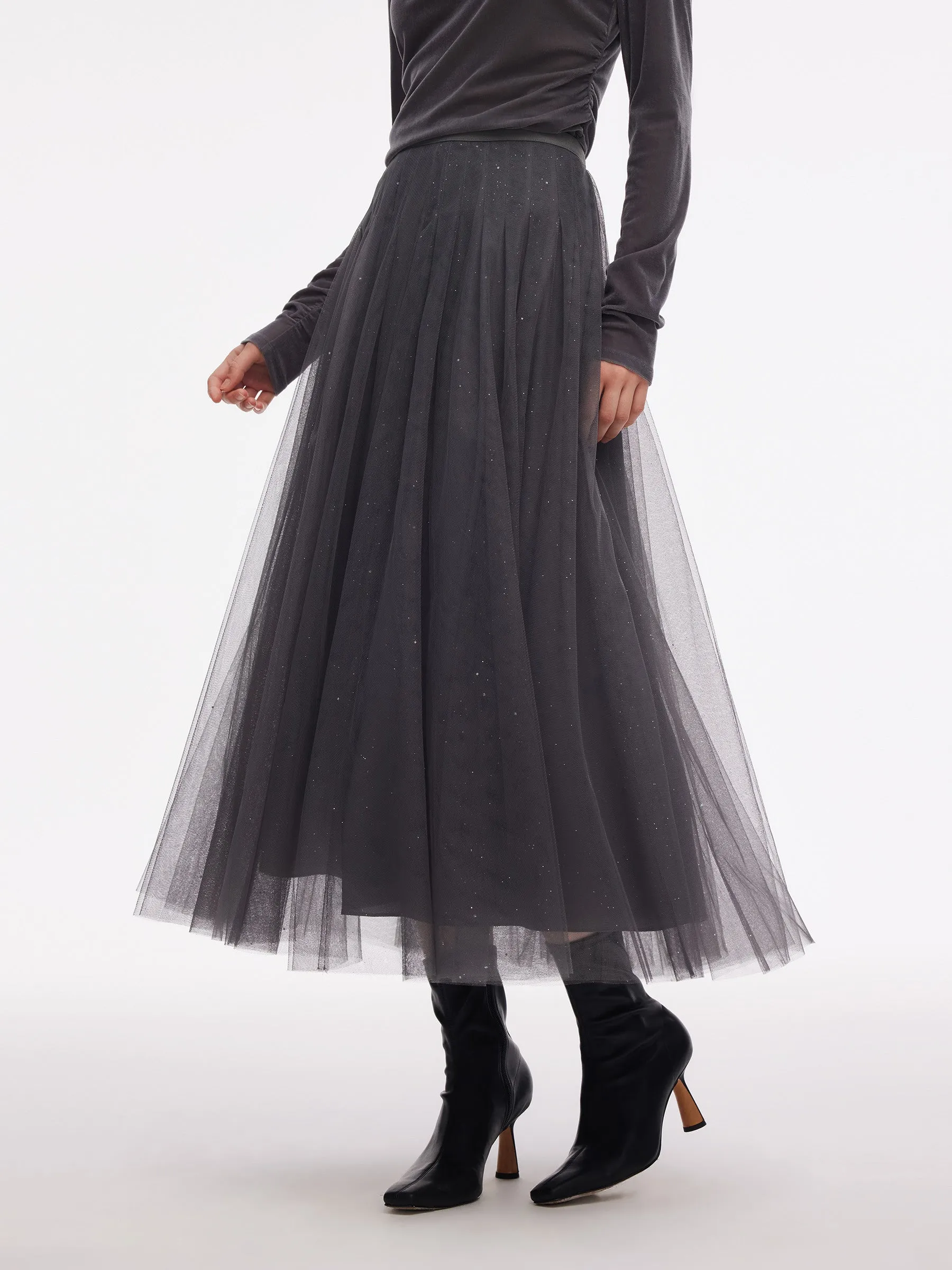 Mesh Elastic Waist Sequins Pleated Women Skirt sold by Goelia product image thumbnail 2