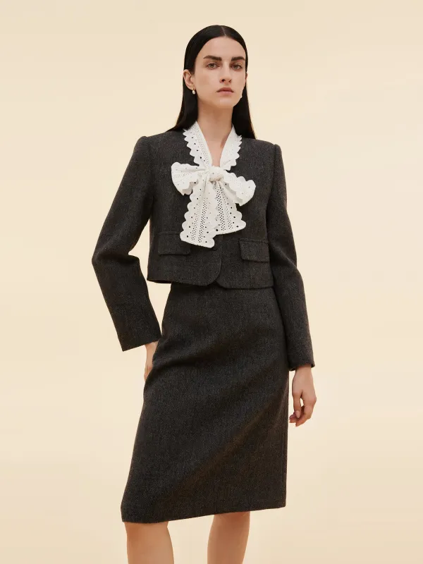 [Preview] 100% Wool Crop Jacket And Skirt Two-Piece Set With Detachable Lace Collar sold by Goelia