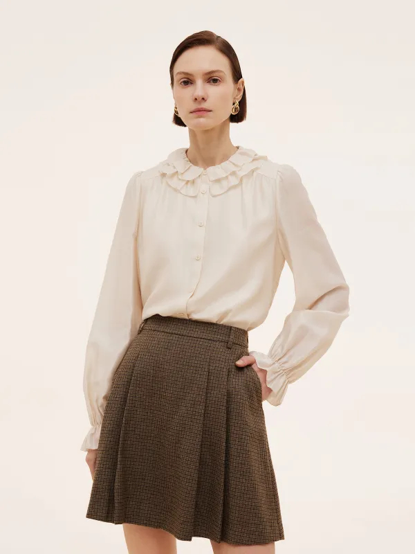 Acetate Modal Blend Ruffle Neckline Women Shirt made by Goelia