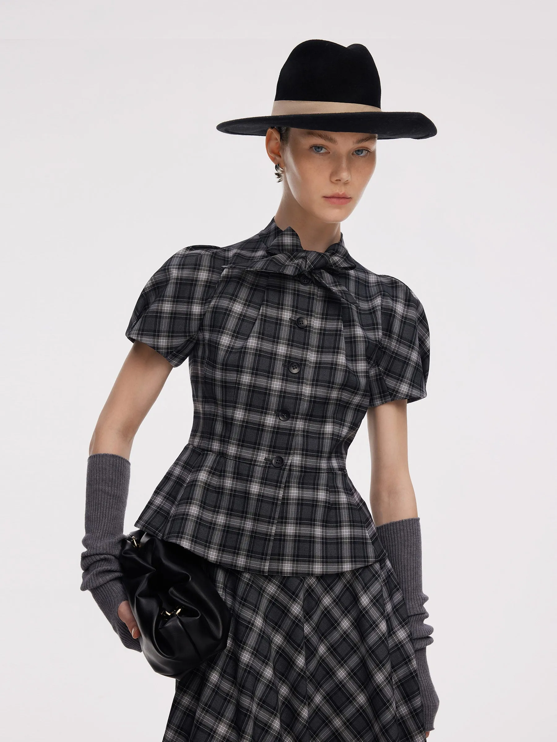 Plaid Ribbon Tie Women Flare Hem Top sold by Goelia product image thumbnail 2