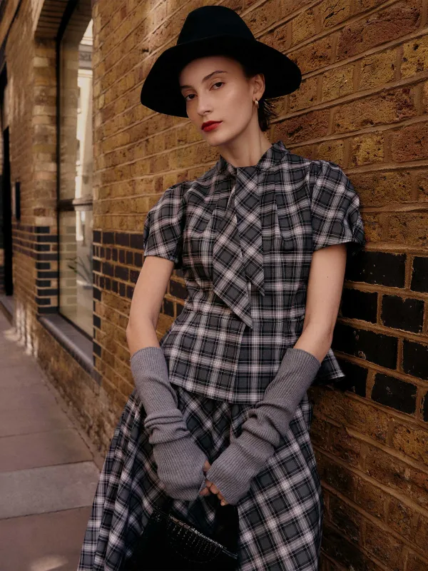 Plaid Ribbon Tie Women Flare Hem Top made by Goelia
