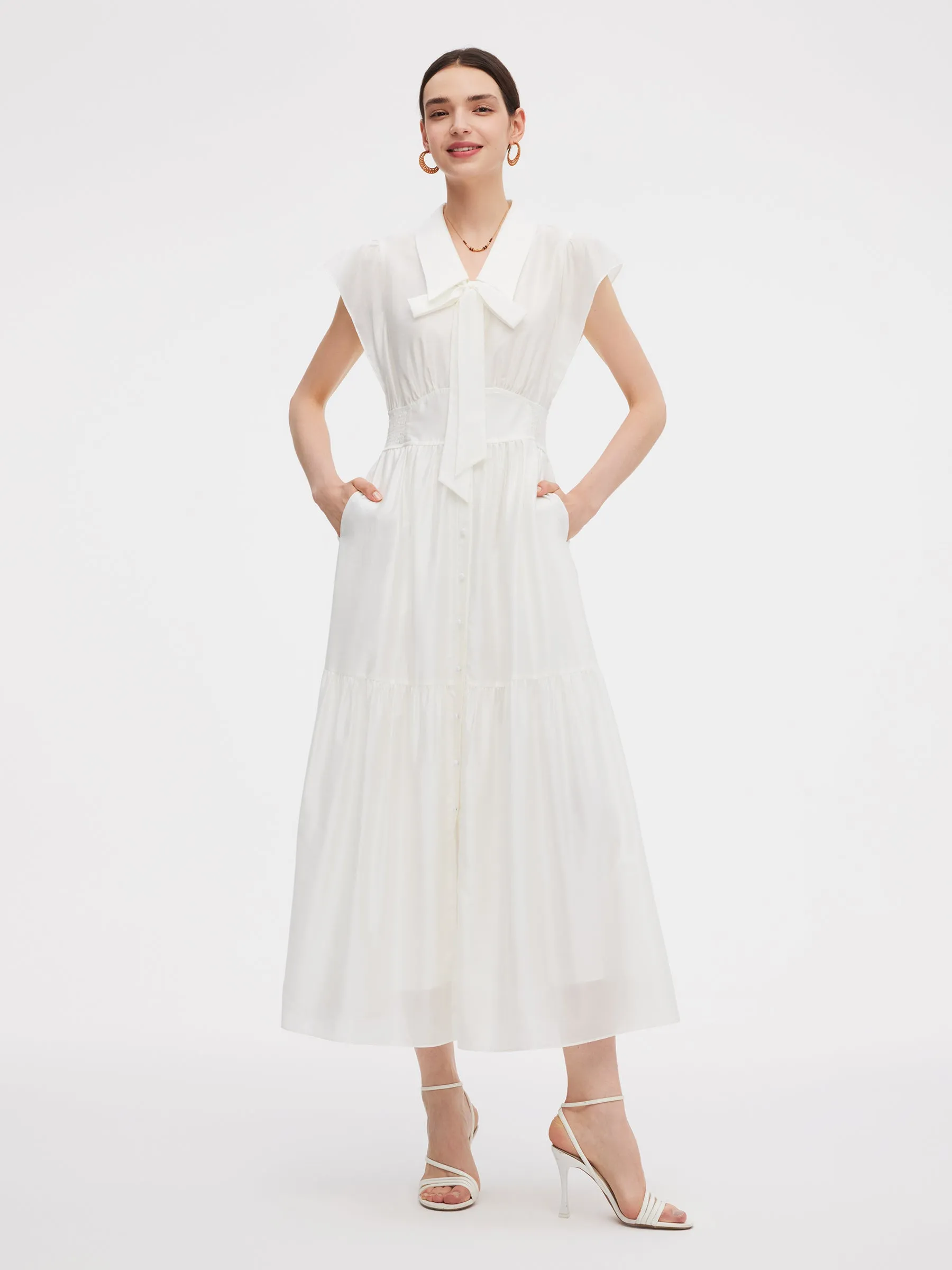 Tencel Blend Women Cap Sleeve Maxi Dress With Ribbon sold by Goelia