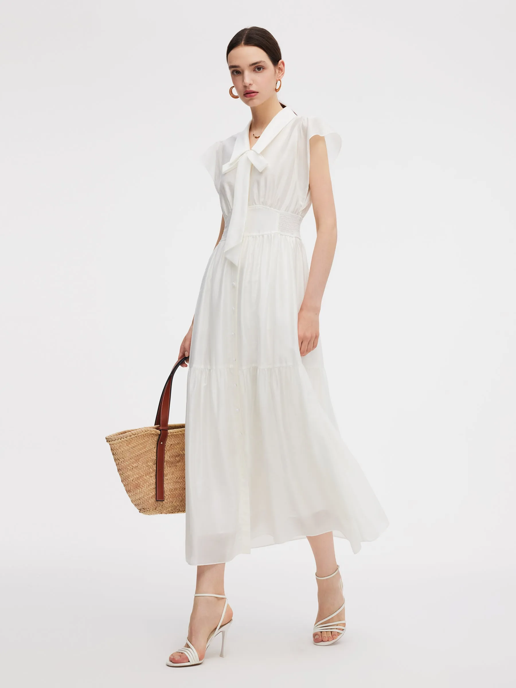 Tencel Blend Women Cap Sleeve Maxi Dress With Ribbon sold by Goelia product image thumbnail 4