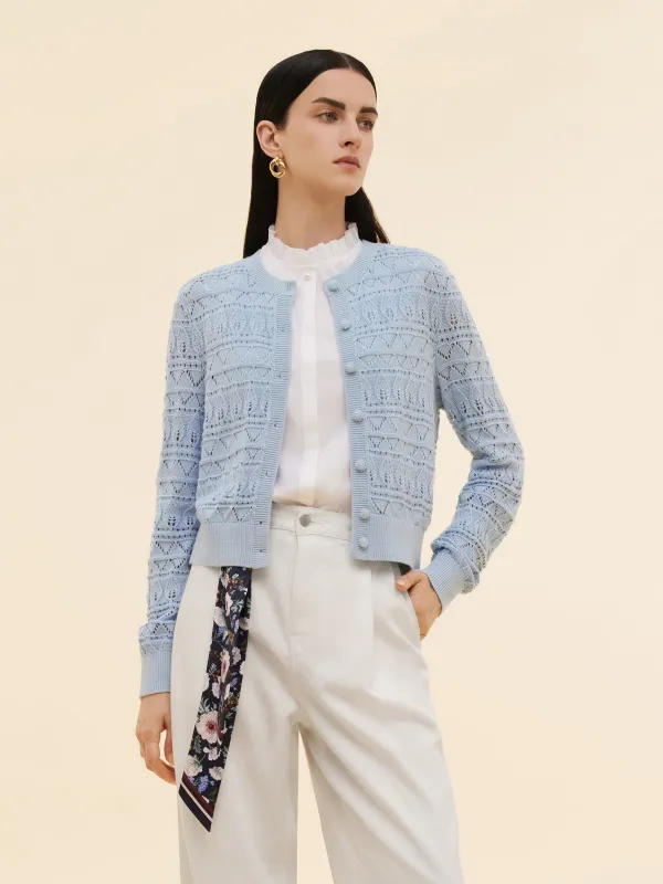 Cotton Openwork Women Round Neck Cardigan sold by Goelia