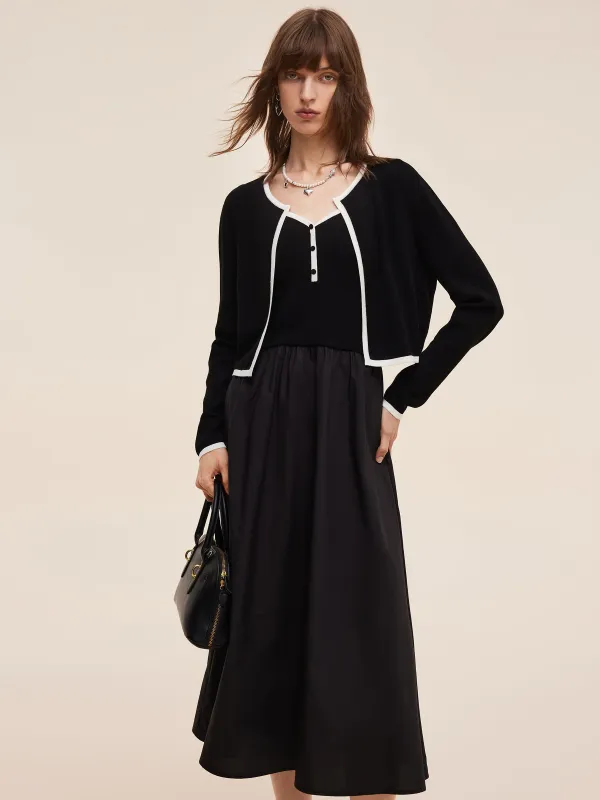 [Preview] Lyocell Blend Cardigan And Patchwork Strap Maxi Dress Two-Piece Set sold by Goelia