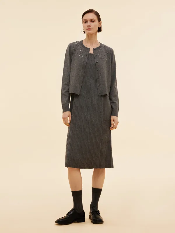 [Preview] Beaded Cardigan And Pleated Sleeveless Midi Dress Two-Piece Set sold by Goelia