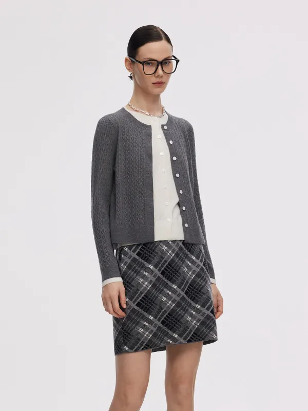 [Preview] Mock Layered Cardigan And Plaid Skirt Two-Piece Set sold by Goelia