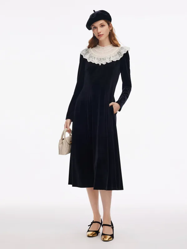 [Preview] Velvet Sheer Lace Collar Women Midi Dress With Beret sold by Goelia
