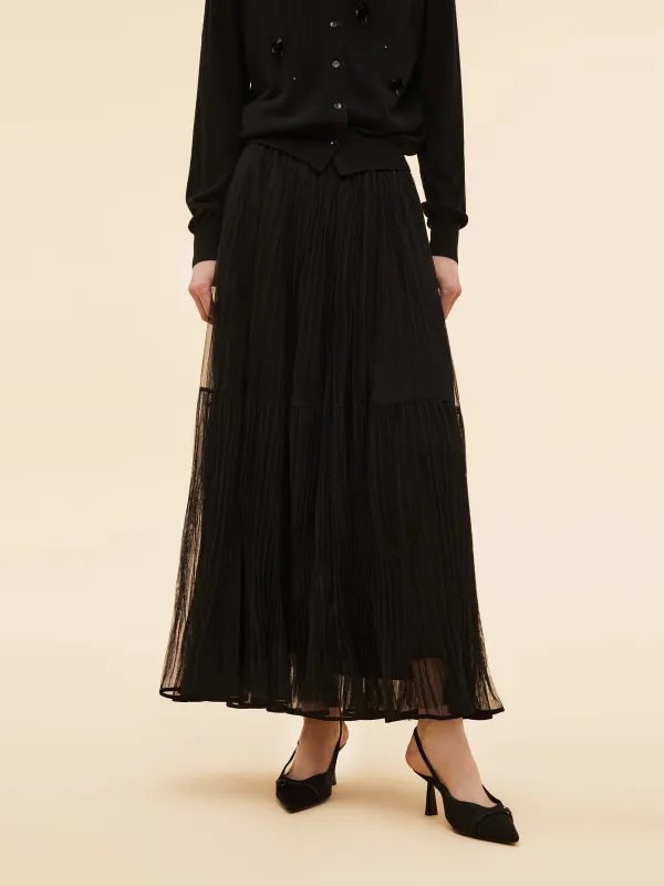 [Preview] Black Lining Skirt And Sheer Mesh Pleated Skirt Two-Piece Set sold by Goelia