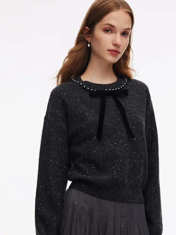 [Preview] Sequins Beaded Round Neck Women Knit Top With Velvet Bowknot sold by Goelia