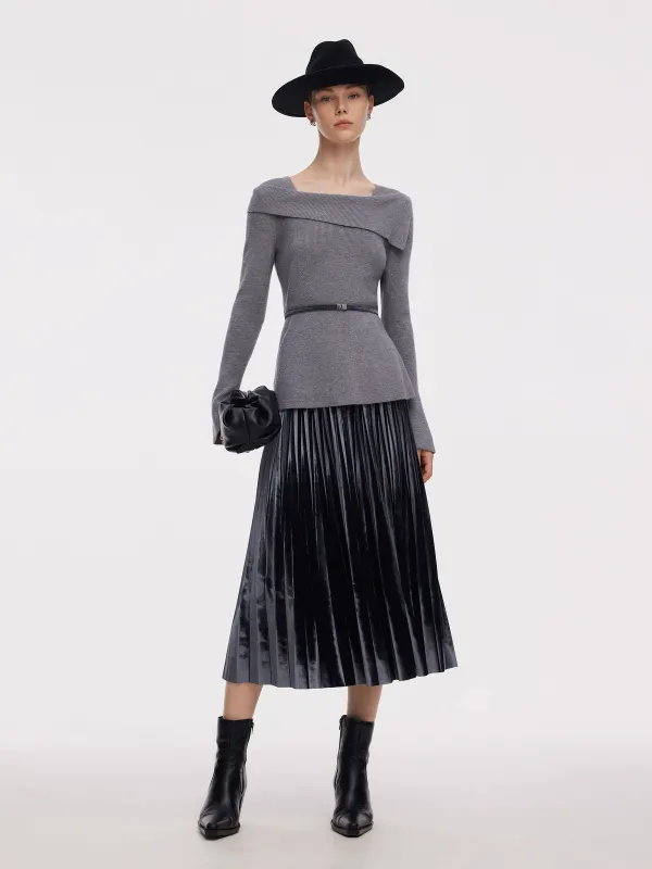 [Preview] Boat Neck Knit Top And Pleated Skirt Two-Piece Set With Belt And Scrunchie sold by Goelia