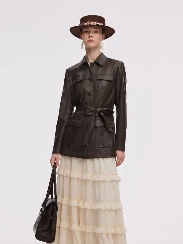 PU Leather Women Self-Tie Belt Jacket sold by Goelia