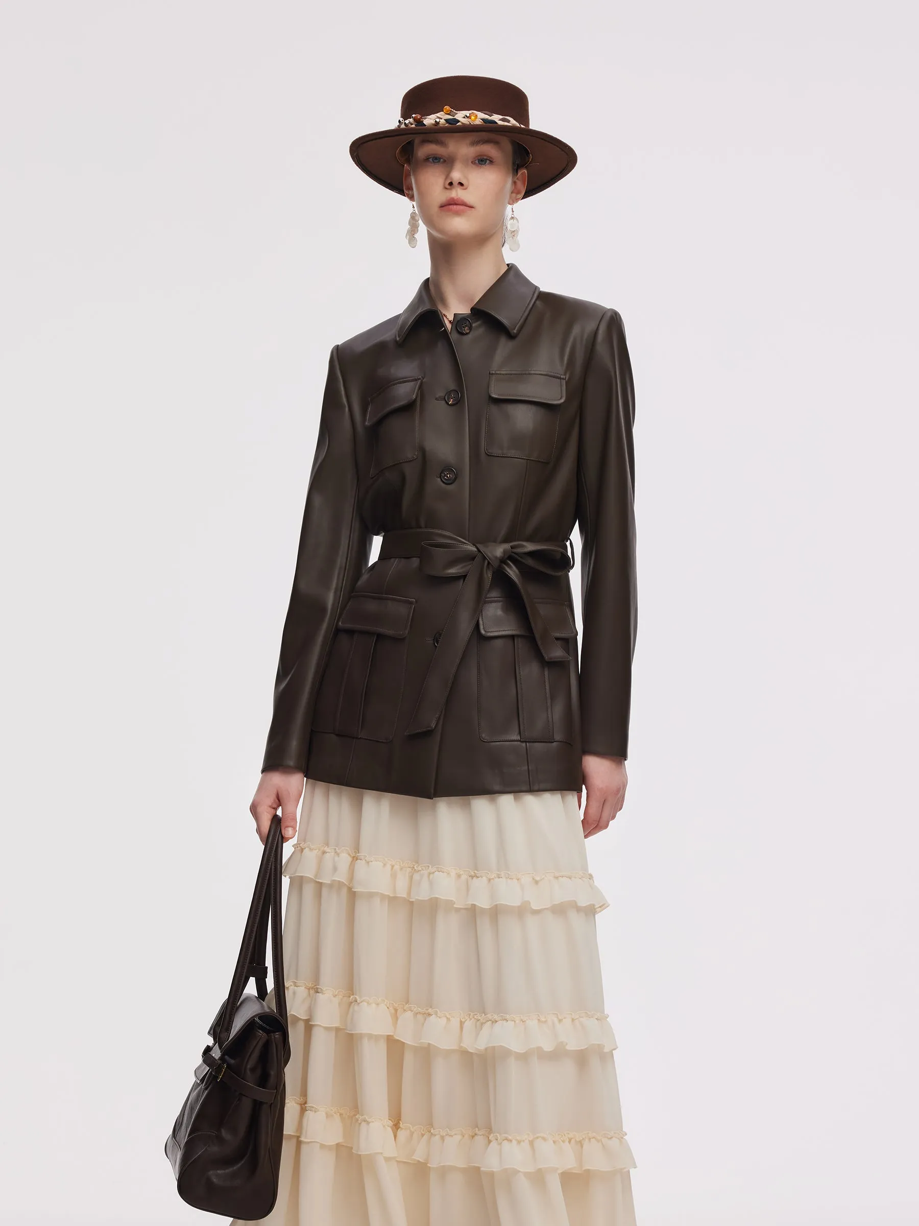 PU Leather Women Self-Tie Belt Jacket sold by Goelia