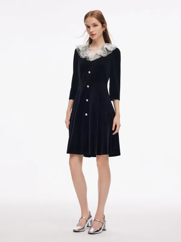 [Preview] Velvet Patchwork Embroidered Collar Women Mini Dress With Bowknot sold by Goelia