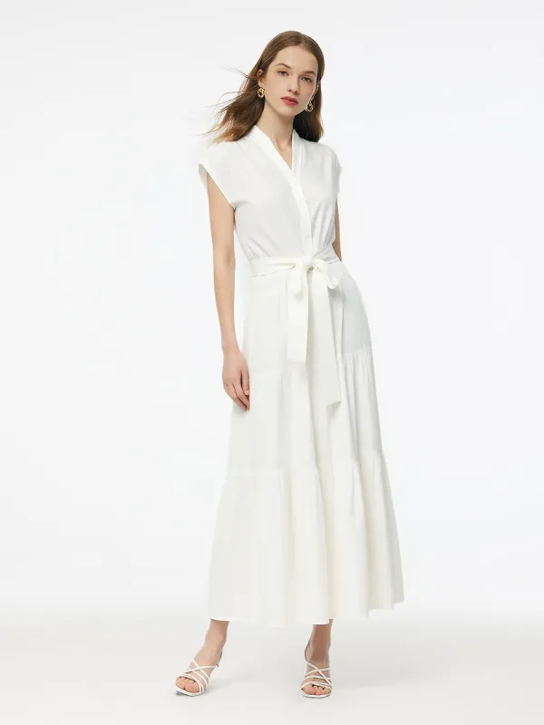 Tencel Blend Women V-Neck Maxi Dress Self Tie Belt Maxi Dress sold by Goelia