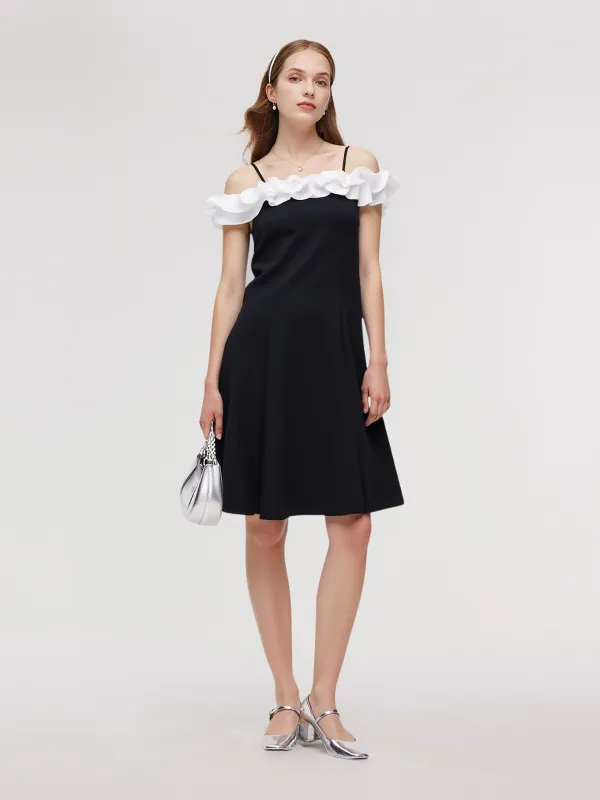 Color Block Ruffle Women Knit Mini Dress With Detachable Straps made by Goelia