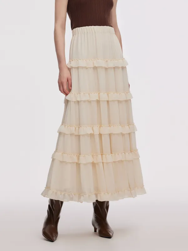 Chiffon Elastic Waist Women Ruffle Tiered Skirt sold by Goelia