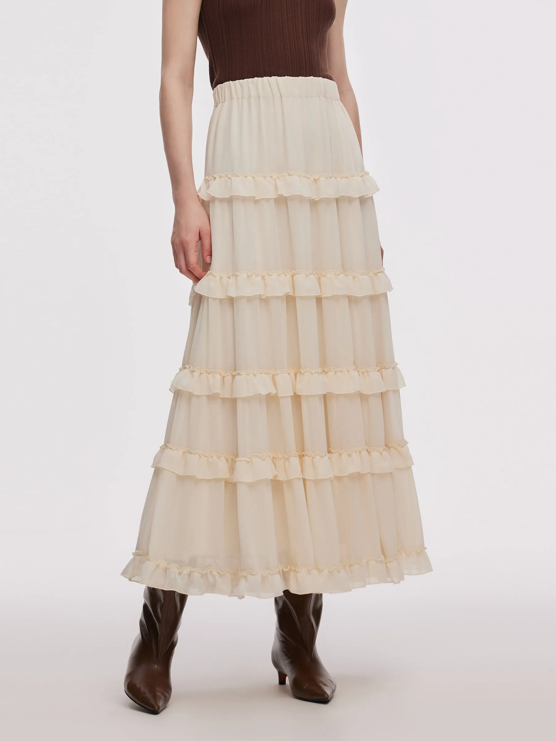 Chiffon Elastic Waist Women Ruffle Tiered Skirt sold by Goelia