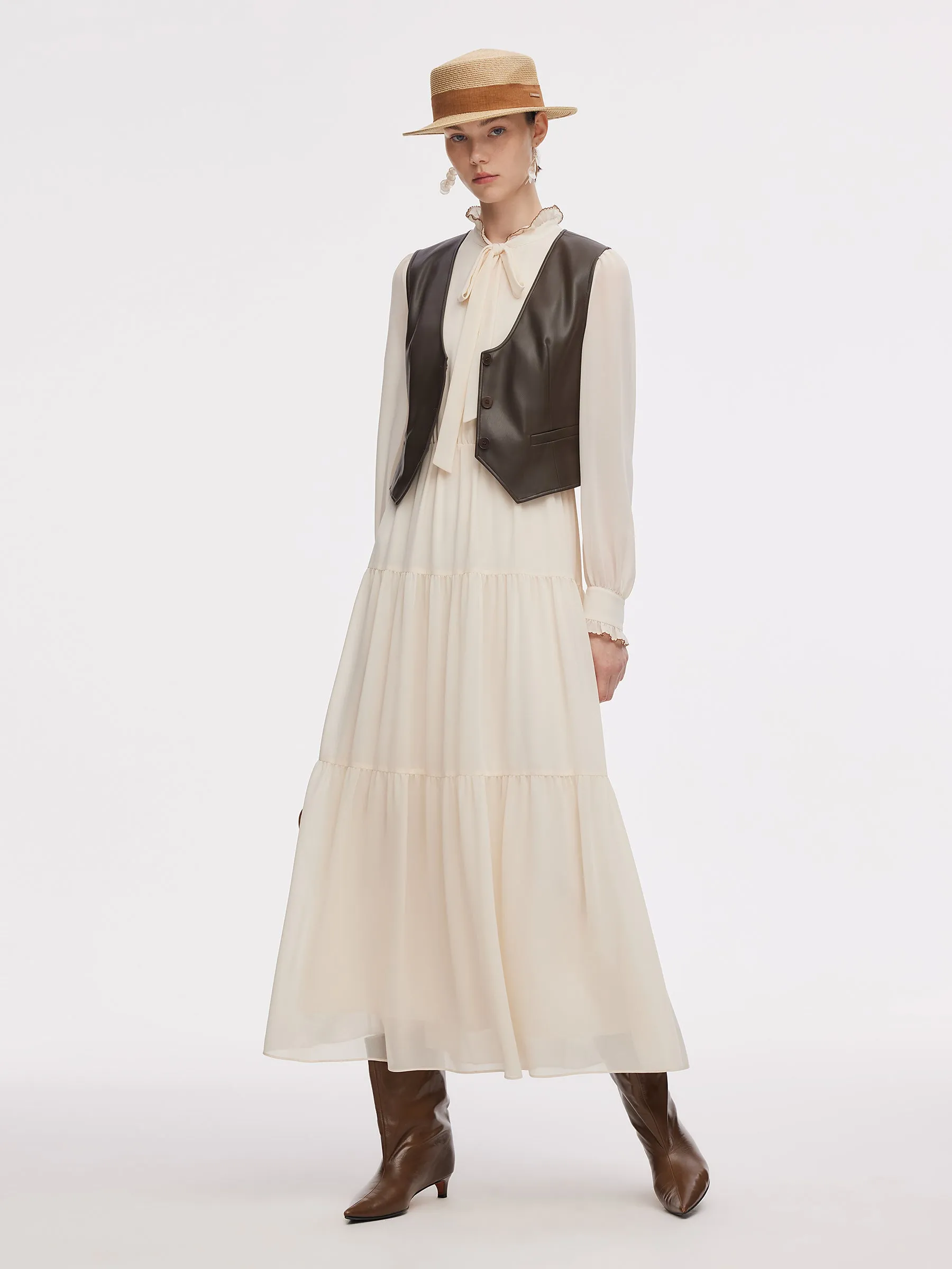 Chiffon Tie Front Maxi Dress And PU Leather Vest Two-Piece Set sold by Goelia product image thumbnail 5