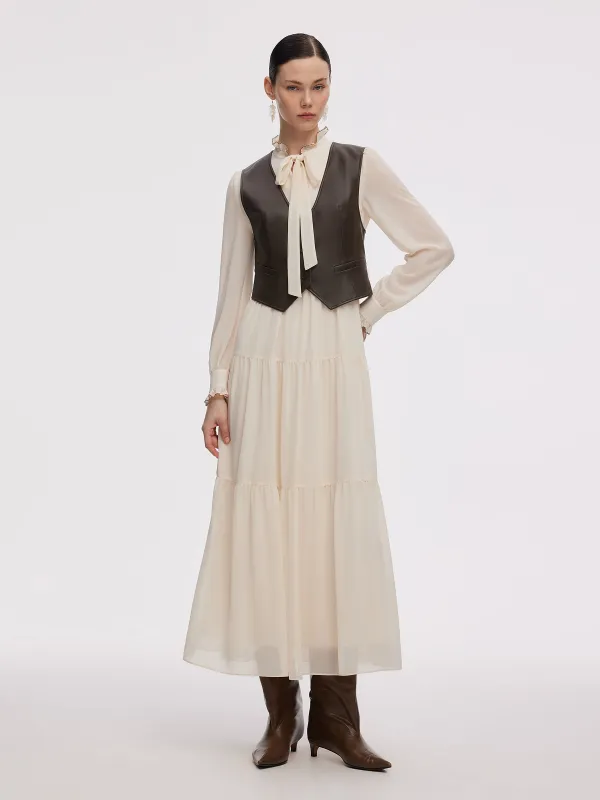 Chiffon Tie Front Maxi Dress And PU Leather Vest Two-Piece Set sold by Goelia
