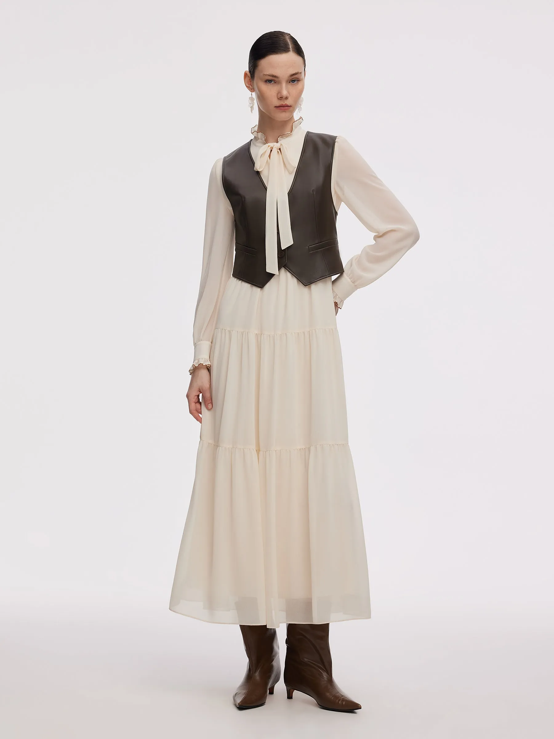 Chiffon Tie Front Maxi Dress And PU Leather Vest Two-Piece Set sold by Goelia