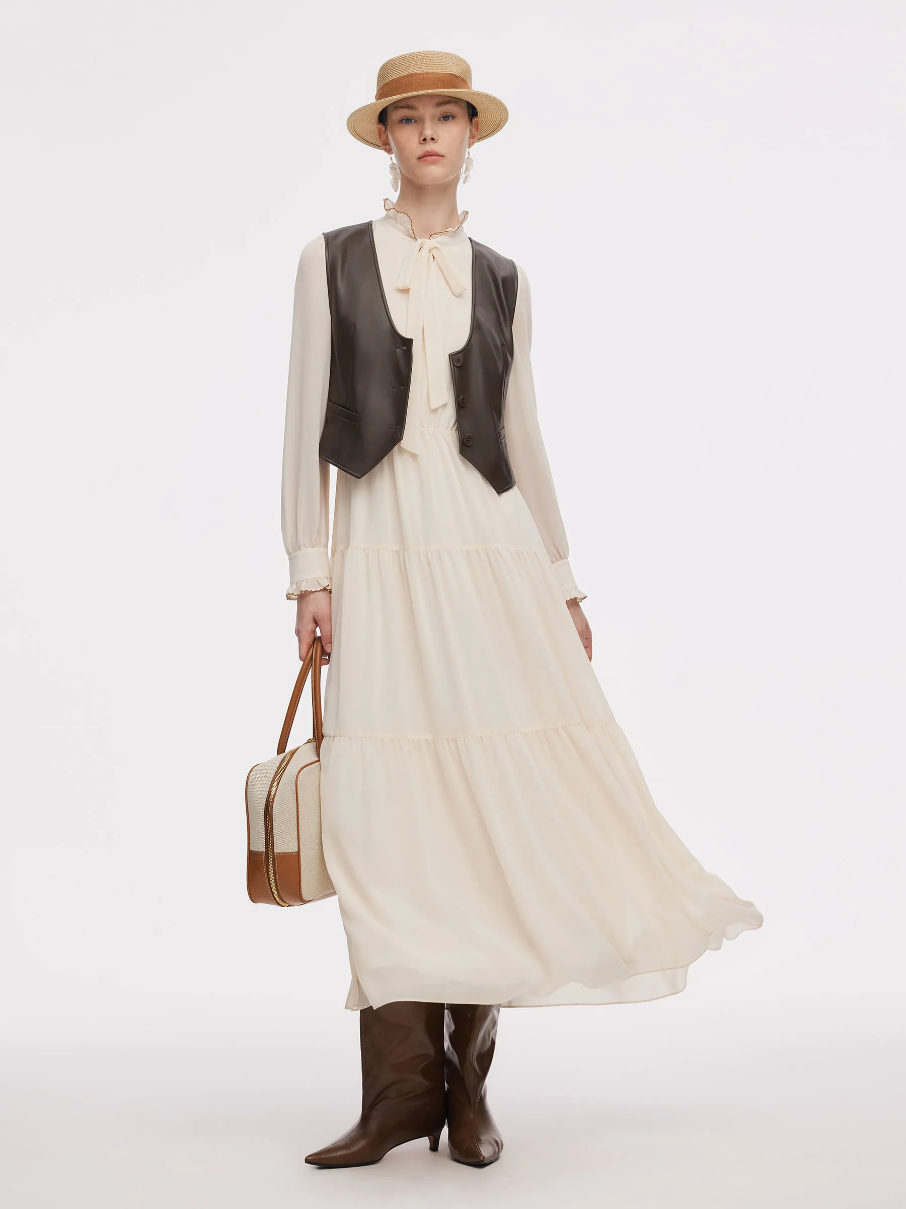 Chiffon Tie Front Maxi Dress And PU Leather Vest Two-Piece Set sold by Goelia product image thumbnail 2