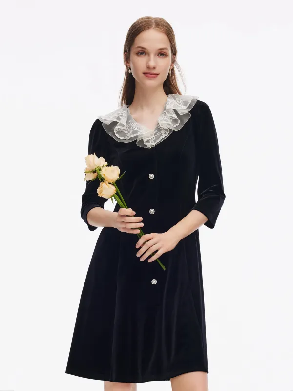 Velvet Patchwork Embroidered Collar Women Mini Dress sold by Goelia