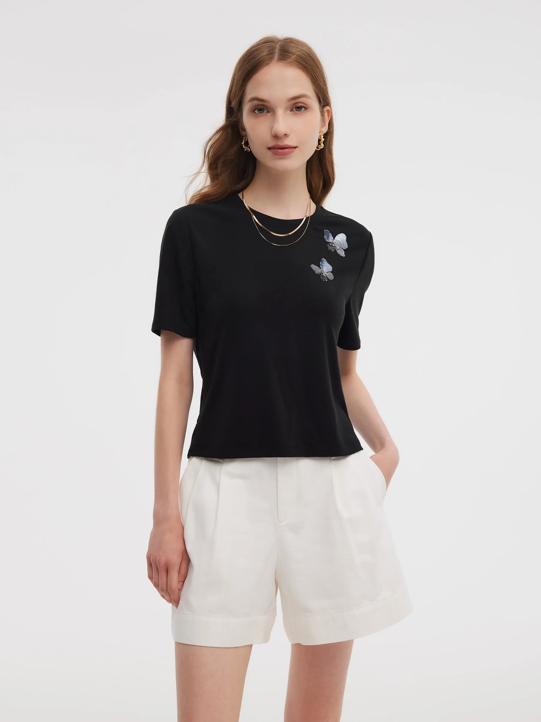 Tencel Blend Butterfly Sequin Embroidered Women T-Shirt sold by Goelia