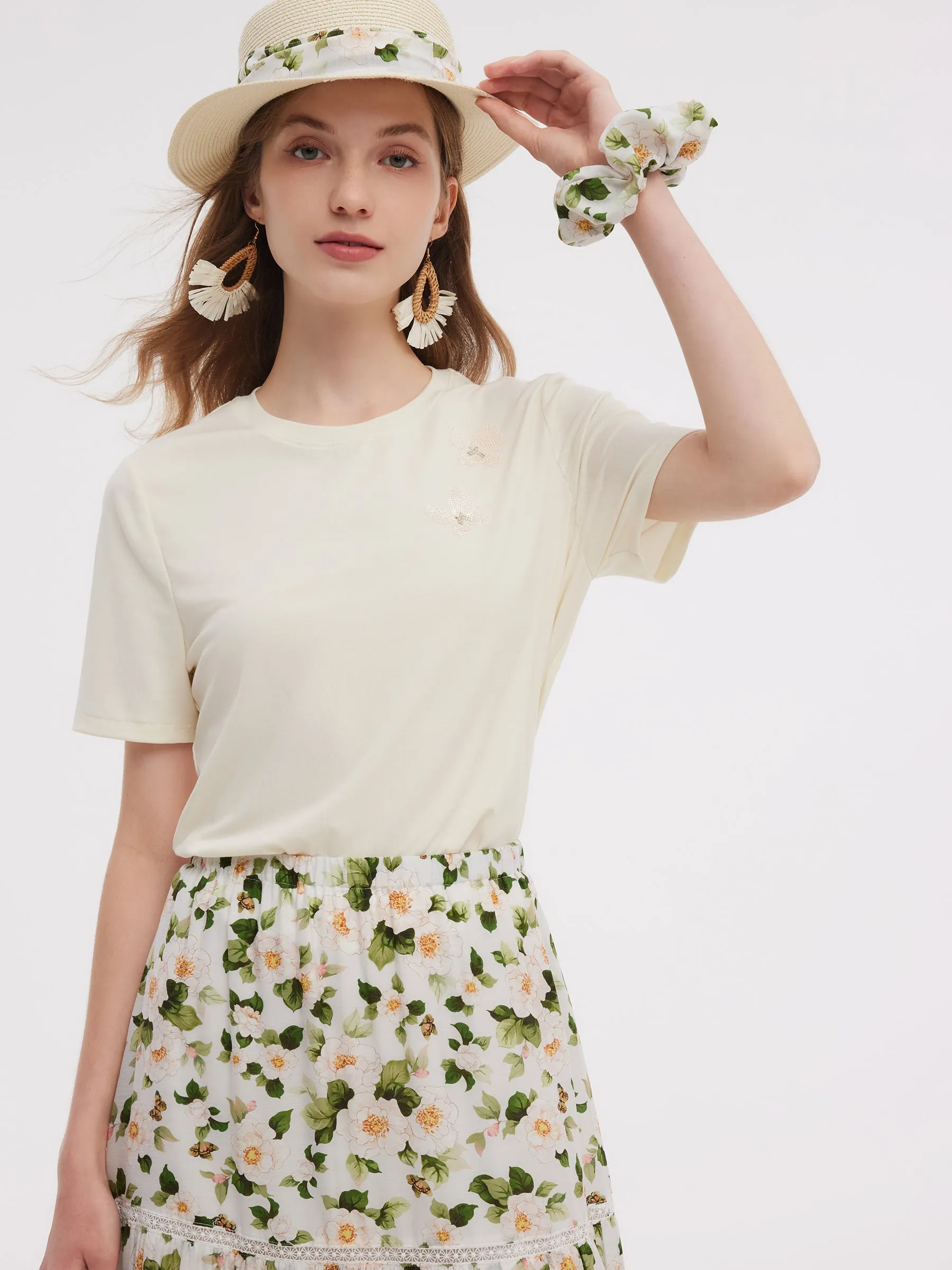 Tencel Blend Butterfly Sequin Embroidered Women T-Shirt sold by Goelia product image thumbnail 2