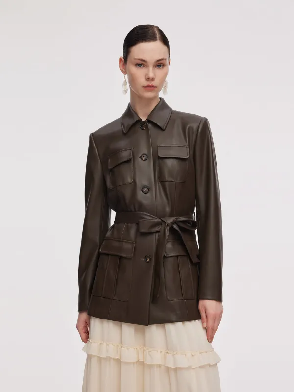 PU Leather Women Self-Tie Belt Jacket sold by Goelia