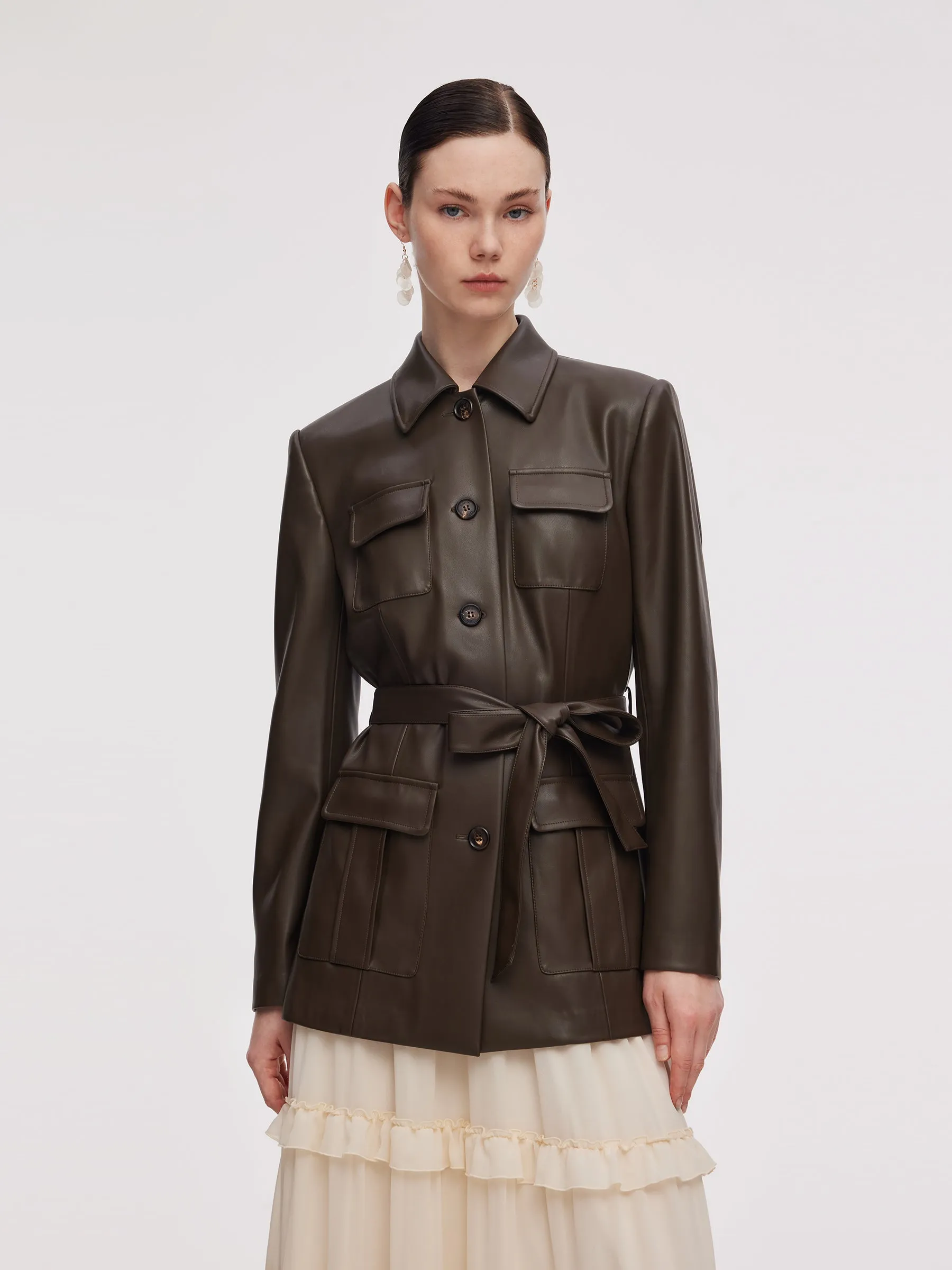 PU Leather Women Self-Tie Belt Jacket sold by Goelia