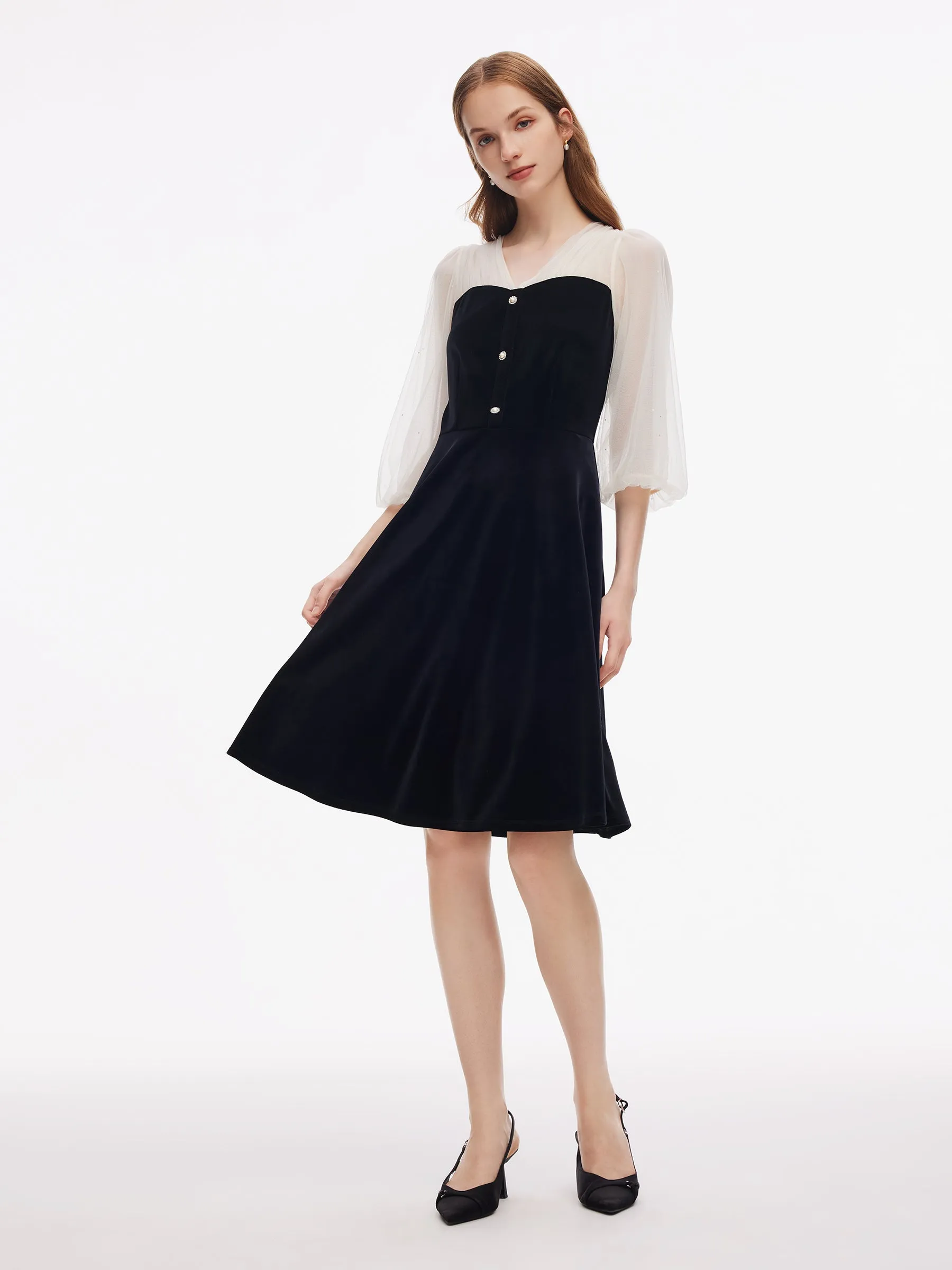 Sequined Mesh Patchwork Women Velvet Midi Dress sold by Goelia product image thumbnail 4