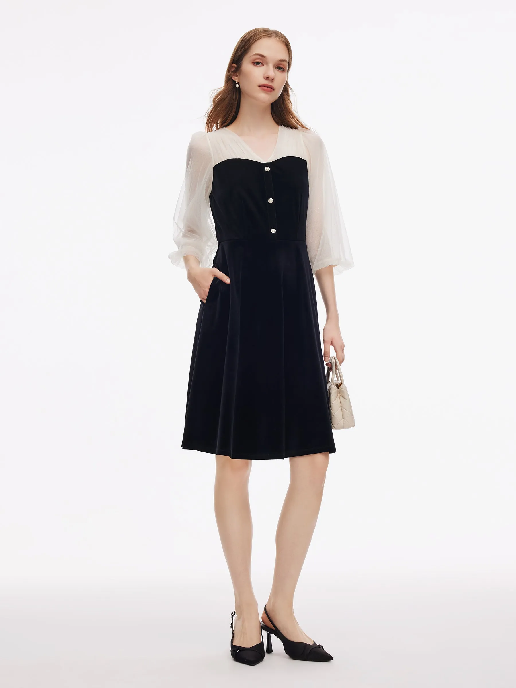 Sequined Mesh Patchwork Women Velvet Midi Dress sold by Goelia product image thumbnail 2