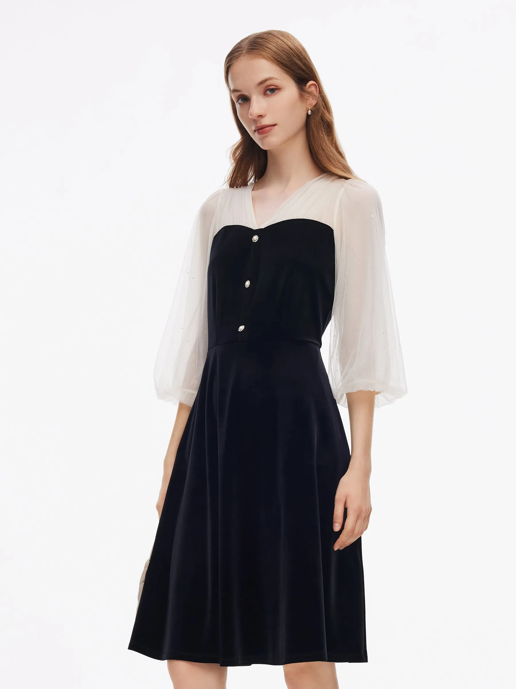 Sequined Mesh Patchwork Women Velvet Midi Dress sold by Goelia