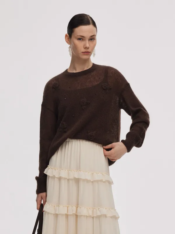 Mohair Wool Blend Women Hand-Crocheted Floral Sweater sold by Goelia