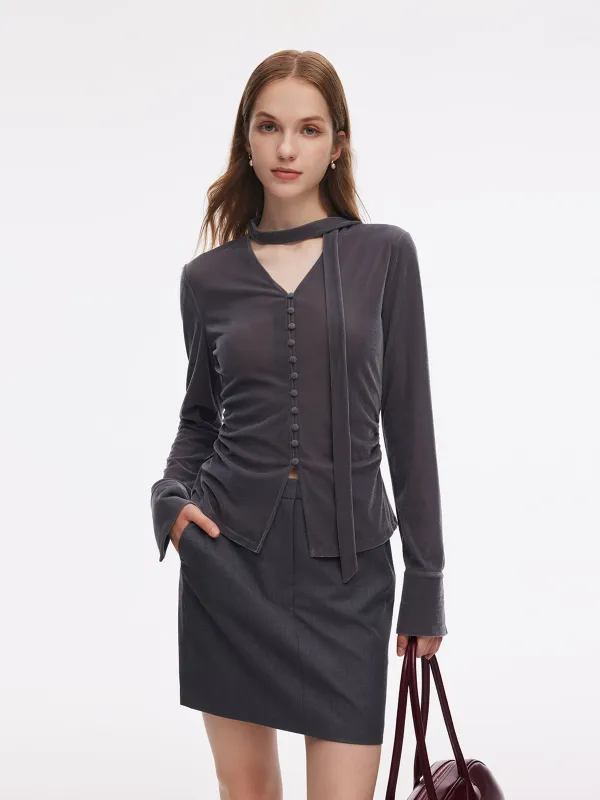 [Preview] Velvet Stretch Ribbon V-Neck Women Top sold by Goelia