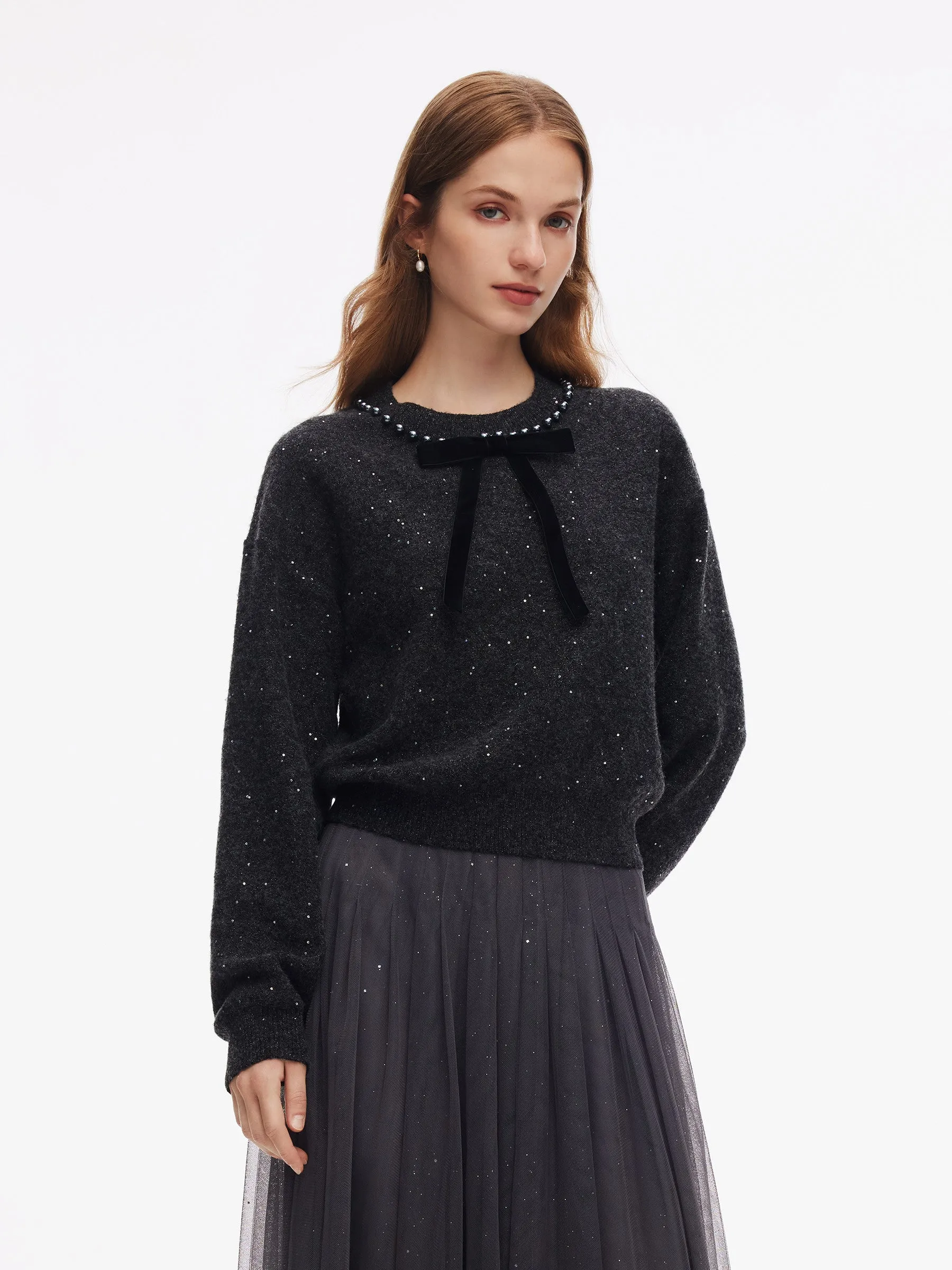 Sequins Beaded Round Neck Women Sweater sold by Goelia