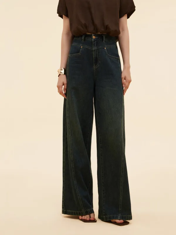 Denim Adjustable Waist Straight Wide Leg Women Jeans sold by Goelia
