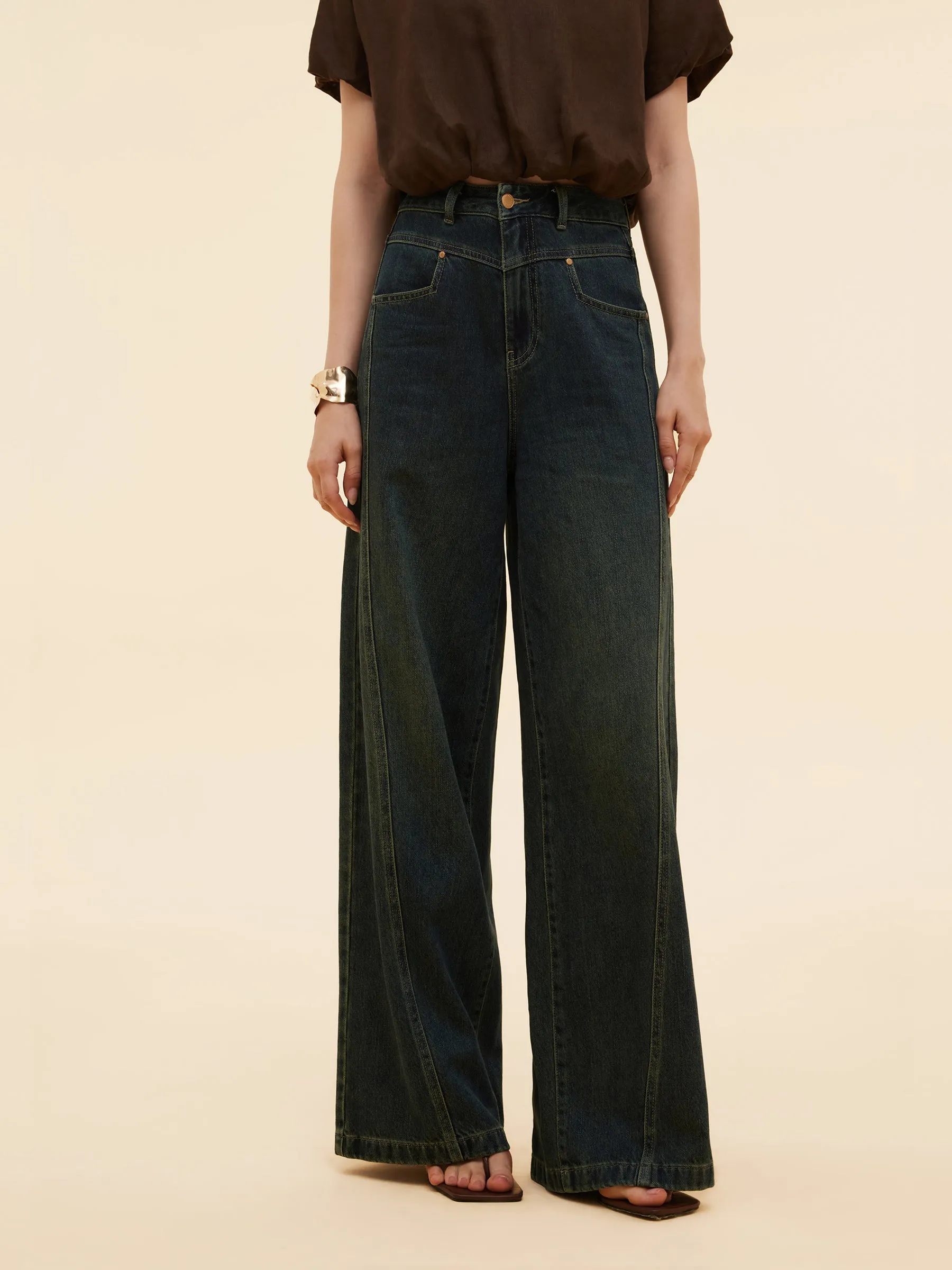 Denim Adjustable Waist Straight Wide Leg Women Jeans sold by Goelia