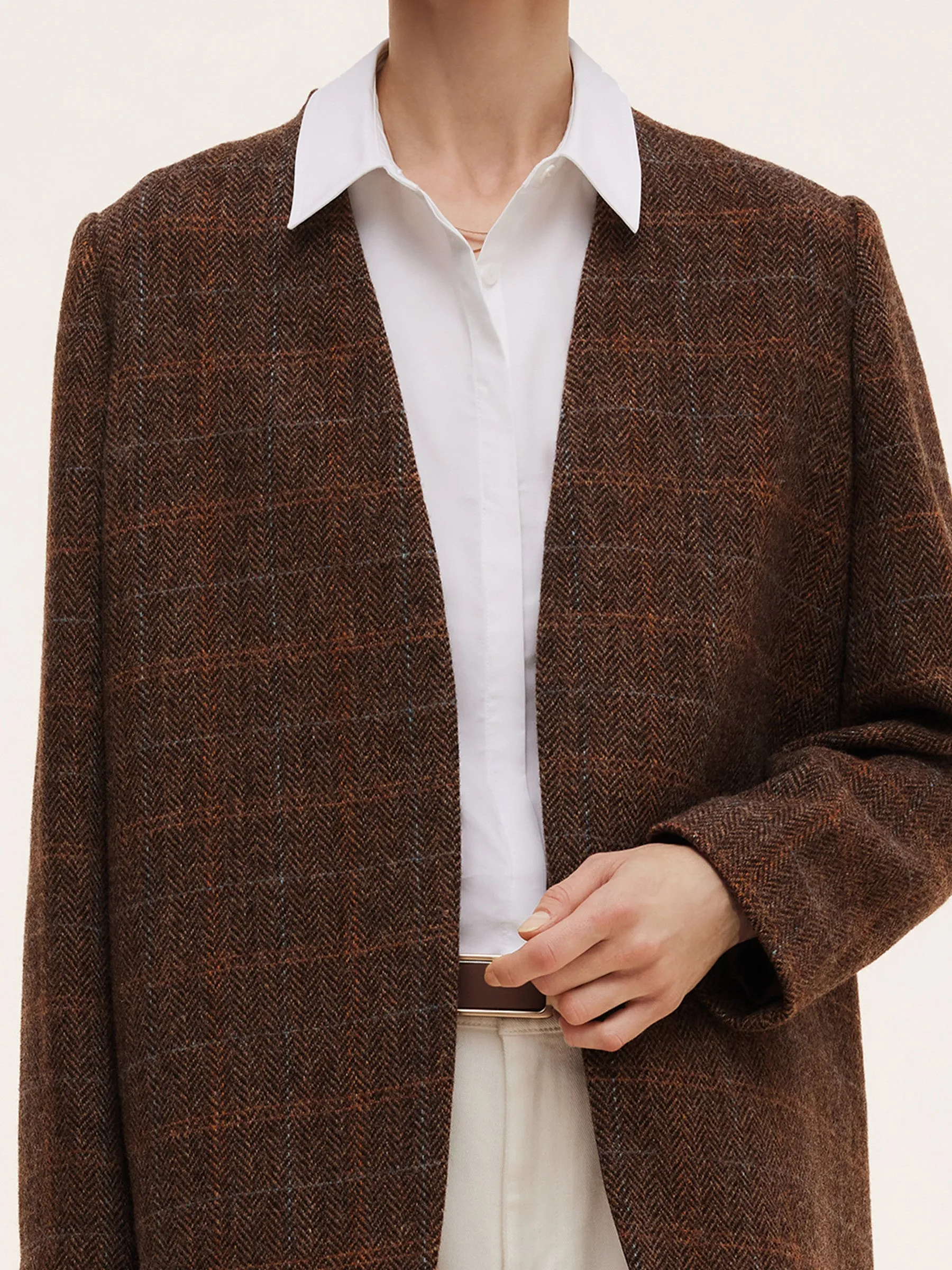 100% Wool Plaid Collarless Women Blazer sold by Goelia product image thumbnail 5