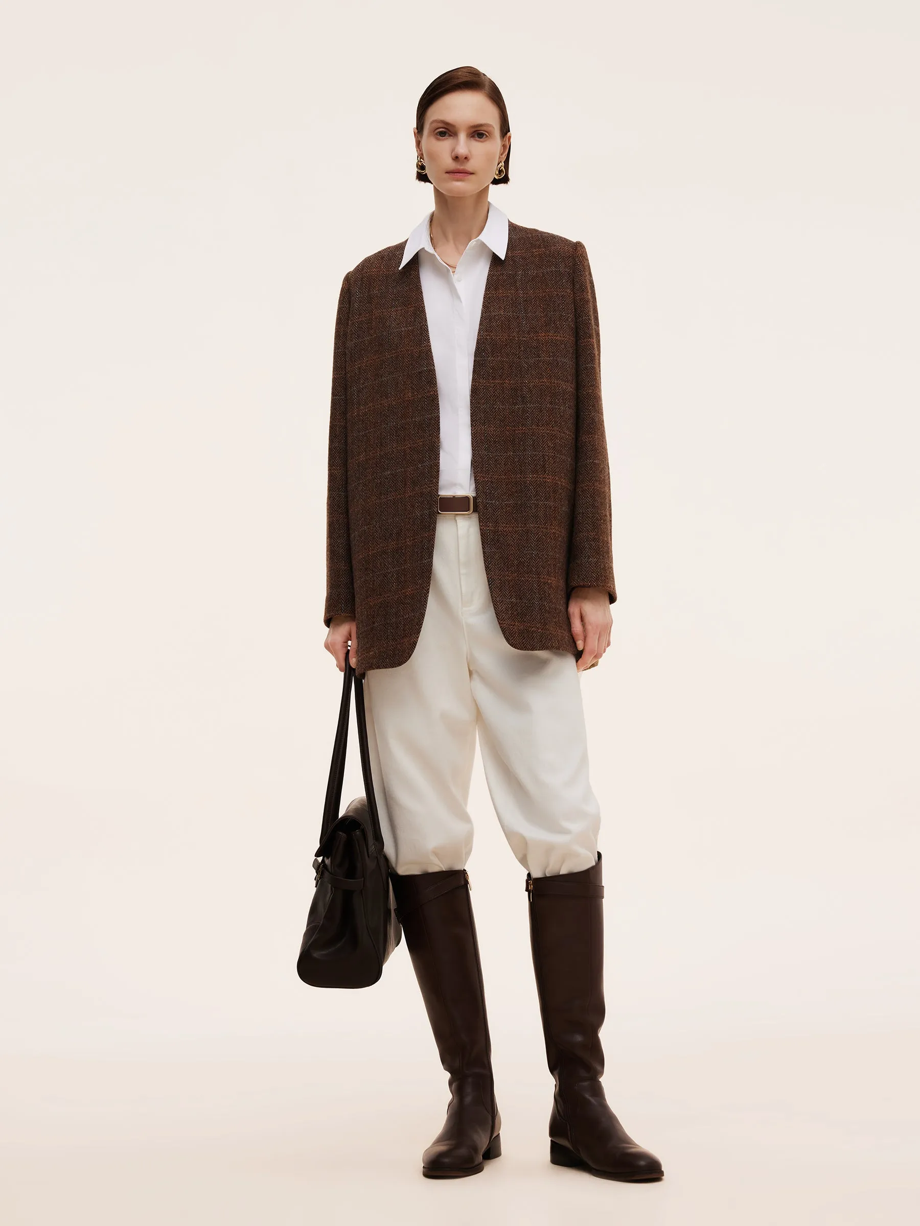 100% Wool Plaid Collarless Women Blazer sold by Goelia product image thumbnail 2