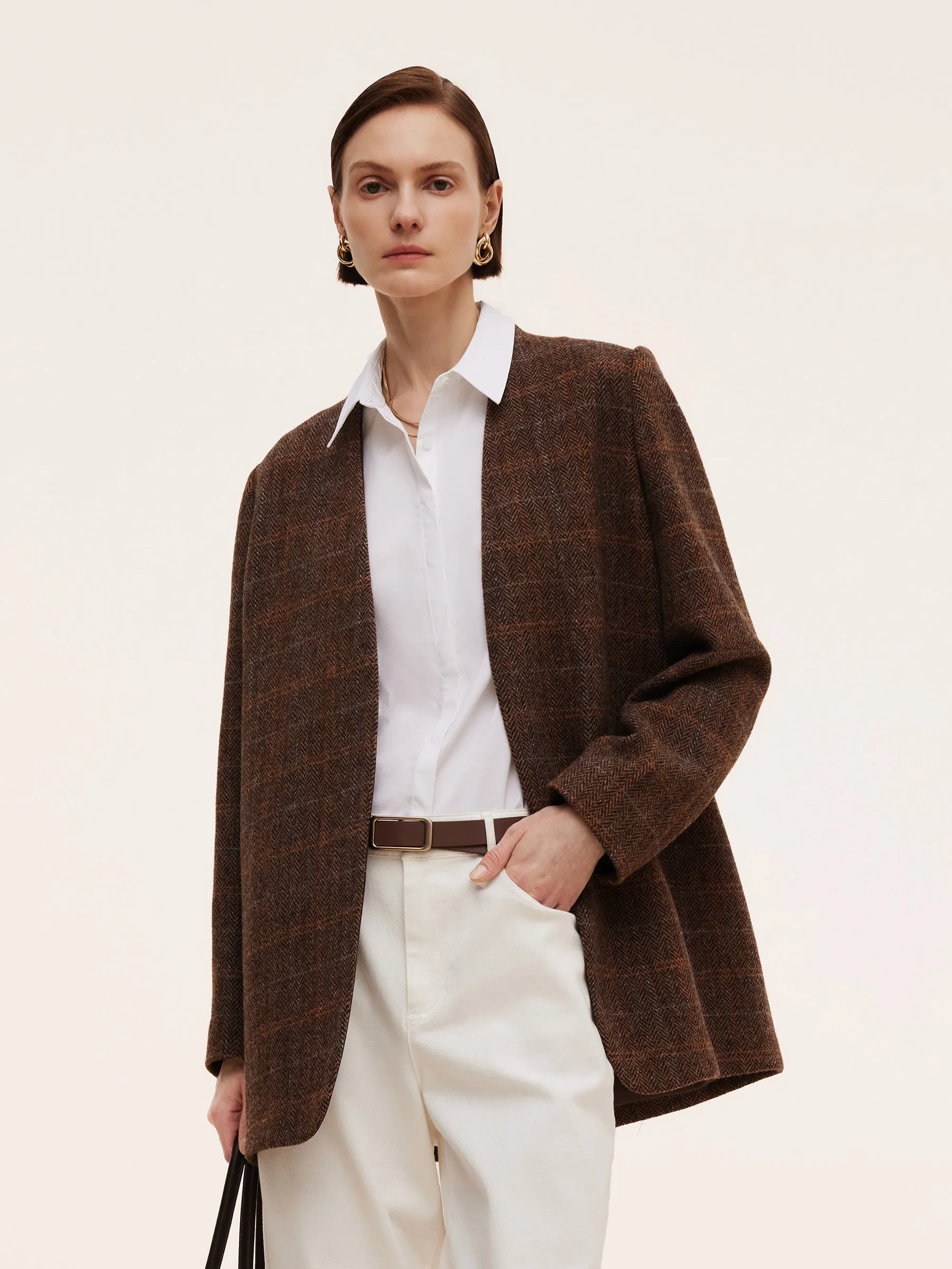 100% Wool Plaid Collarless Women Blazer sold by Goelia