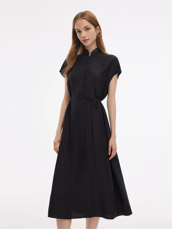 18MM Xiang Yun Silk A-Line Women Self-Tie Belt Midi Dress sold by Goelia
