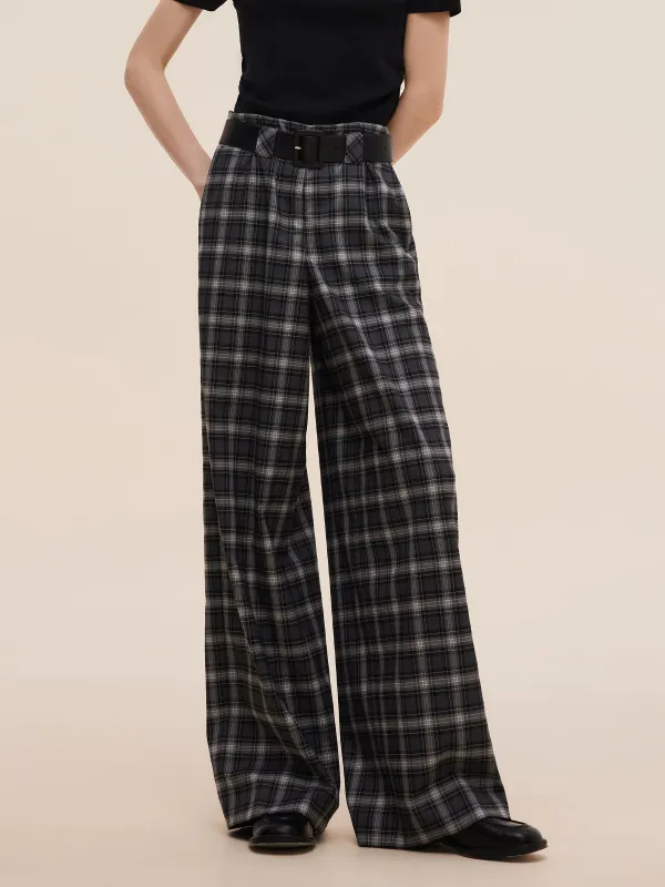 Plaid Loose Wide Leg Women Pants With Leather Belt sold by Goelia