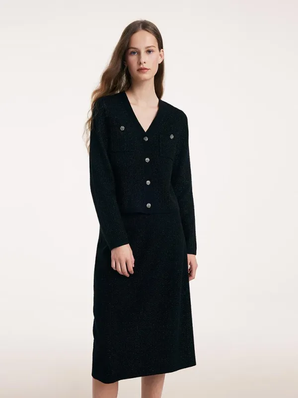 Thermostatic Wool V-Neck Knitted Cardigan And Skirt Two-Piece Set sold by Goelia