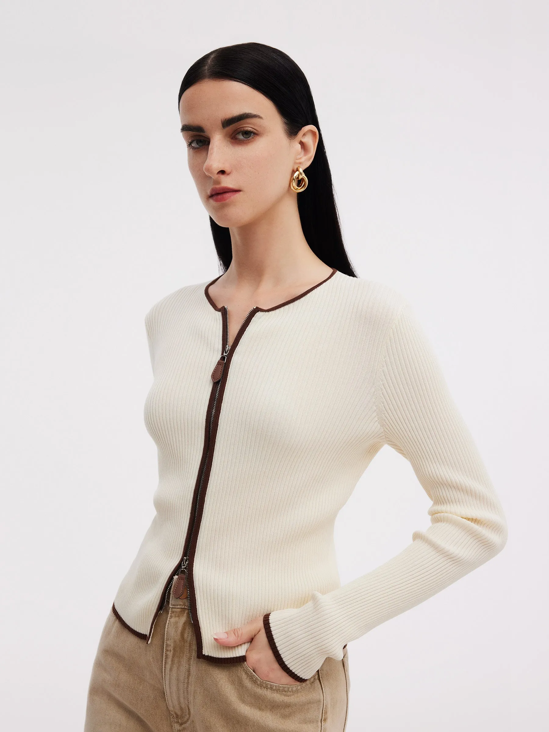 Tencel Blend Contrast Trim Zip-Up Women Cardigan sold by Goelia product image thumbnail 4