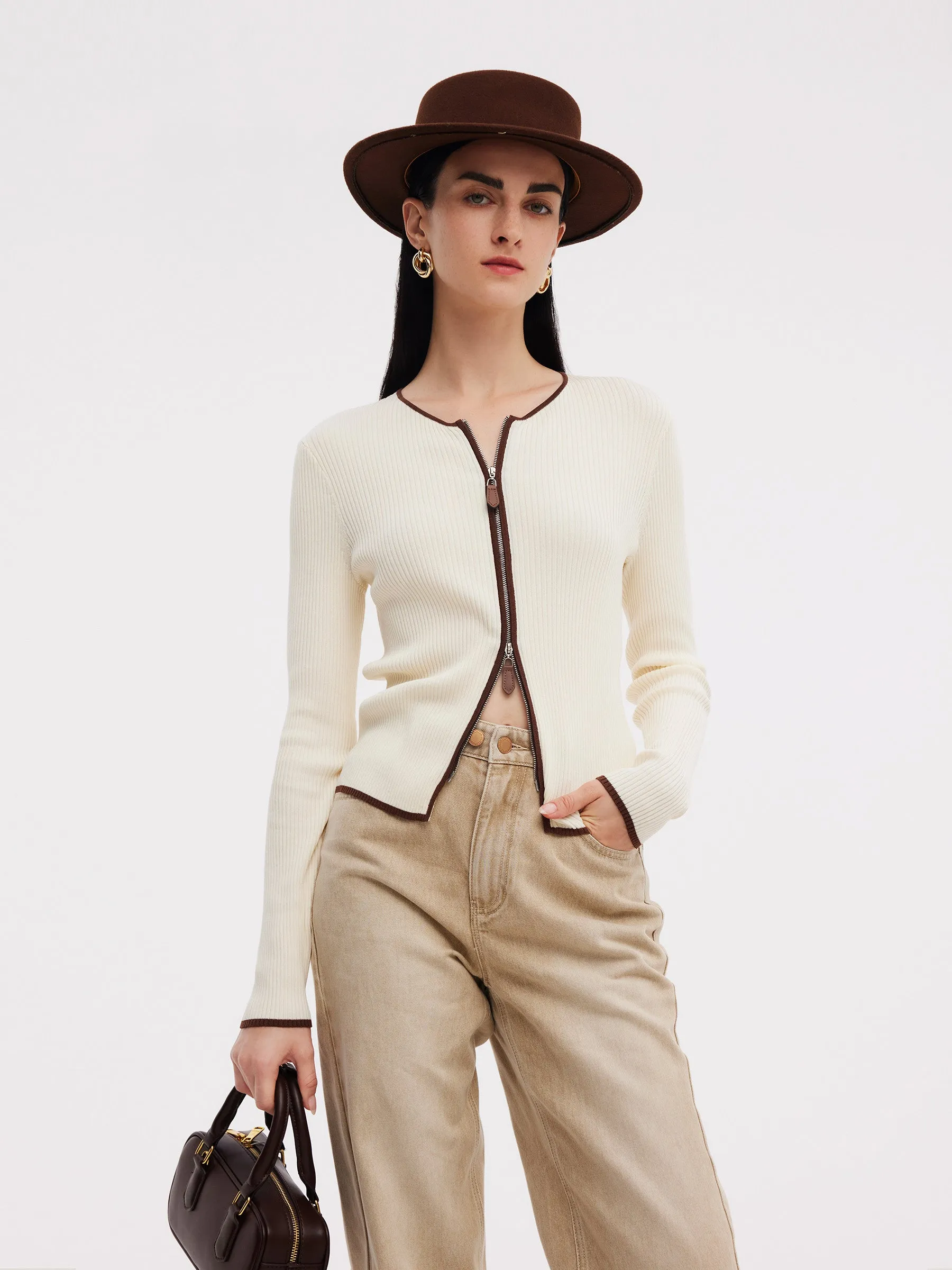 Tencel Blend Contrast Trim Zip-Up Women Cardigan sold by Goelia