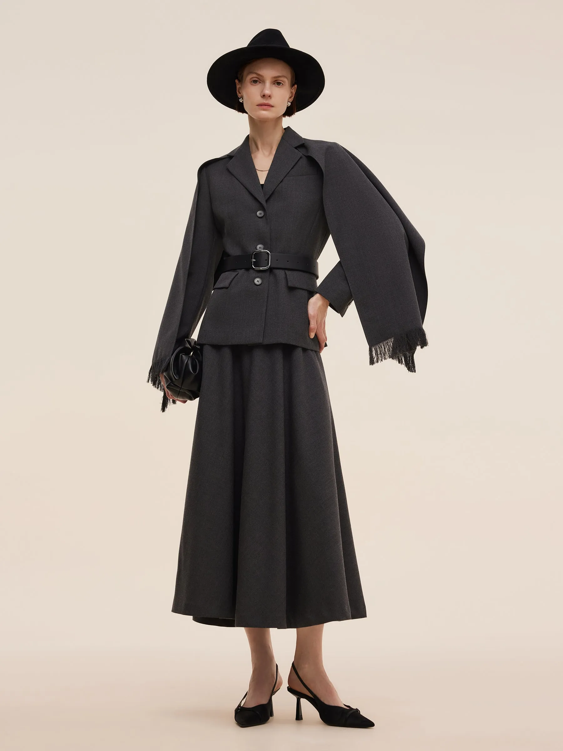 Worsted Wool Blend Women Blazer With Fringe Scarf And Belt sold by Goelia product image thumbnail 2