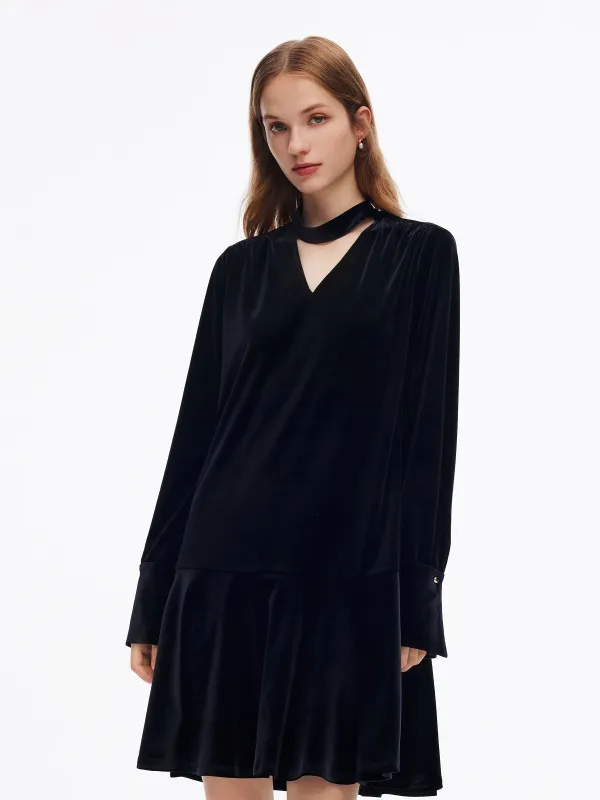 Velvet Ribbon V-Neck Ruffle Hem Women Mini Dress sold by Goelia